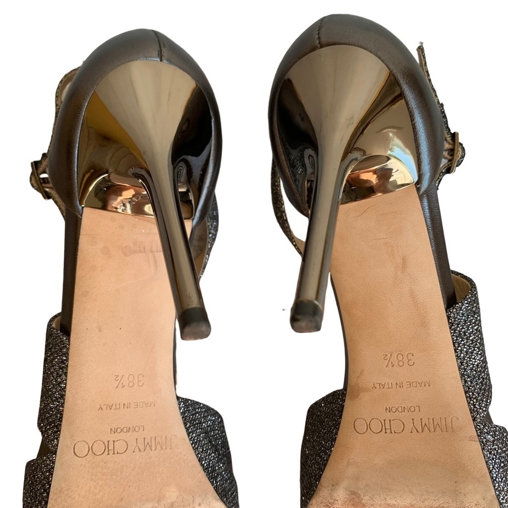 Jimmy Choo Tyne Asymmetrical Anthracite Silver Glitter Lamé Bridal Sandal Heels - Picture 12 of 15